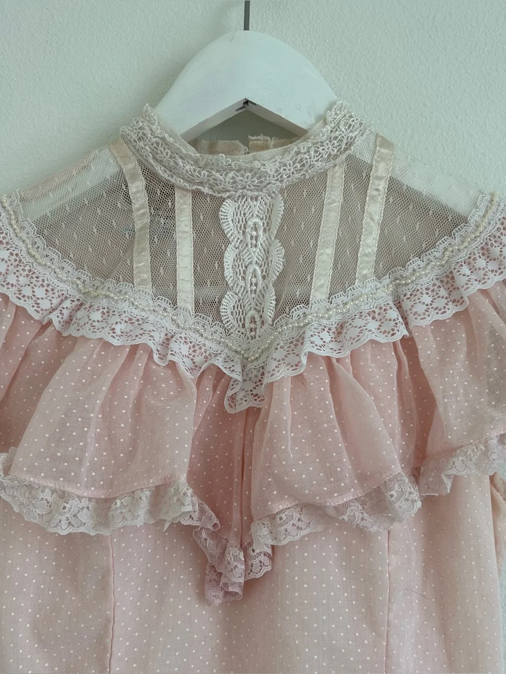 Gunne Sax Pink Polka Dot Lace Dress with Pearl Trim High Victorian Neckline - Picture 3 of 9